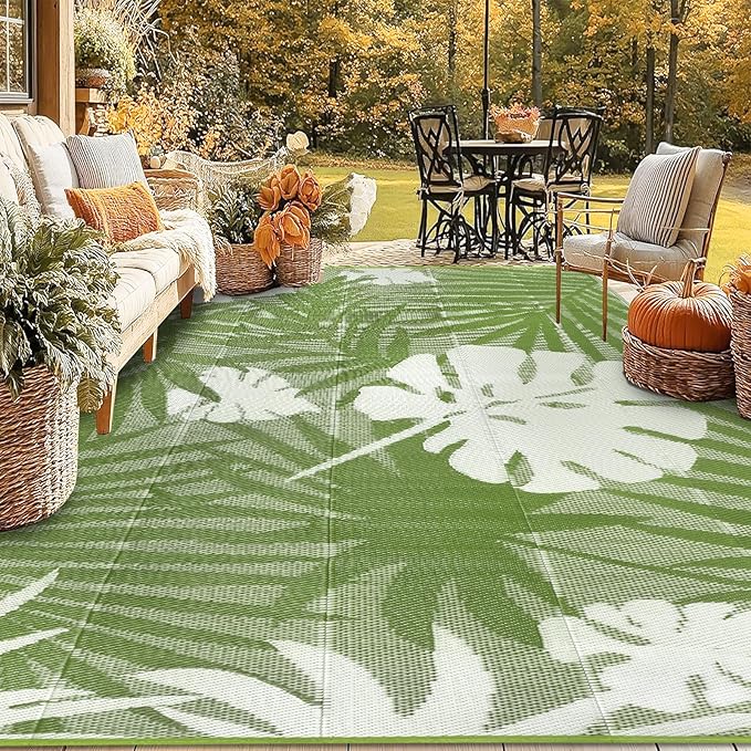 Homcomoda Outdoor Rugs 9’x12’ Waterproof Reversible Patio Rugs Outdoor Clearance Lightweight Outdoor Rugs Portable RV Camping Mats for Tents Deck Porch BBQ Beach Backyard