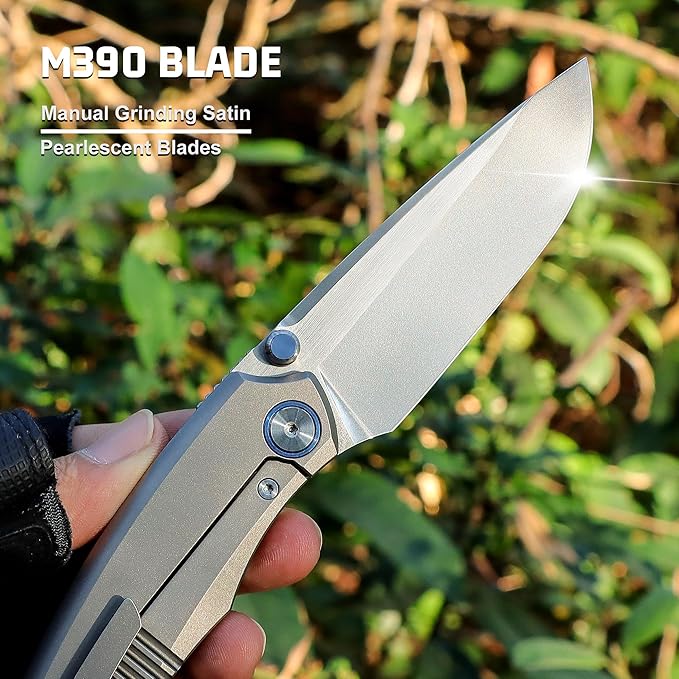 Wild Species Pocket Knife for Men,Manual Grinding Pearlescent Satin M390 Blade Titanium Handle Thumb Stud Opener Front Flipper Folding Knife for Outdoor Camping Hiking(Silver)