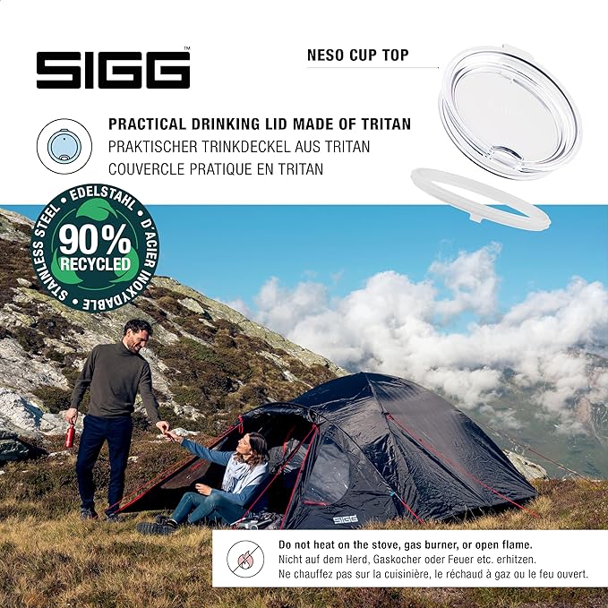 SIGG - Camping Mug with Lid - Double-Wall Insulated - Recycled Stainless Steel - Stackable - Hook Handle - Hiking, 10Oz