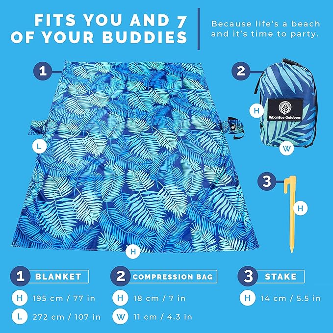 Lightweight Beach Blanket - Oversized 107" x 77" - Waterproof Sandproof - Double Anchored for Fun Leisure Beach Blanket - with Stake and Pouch - Durable Sand Beach Mat