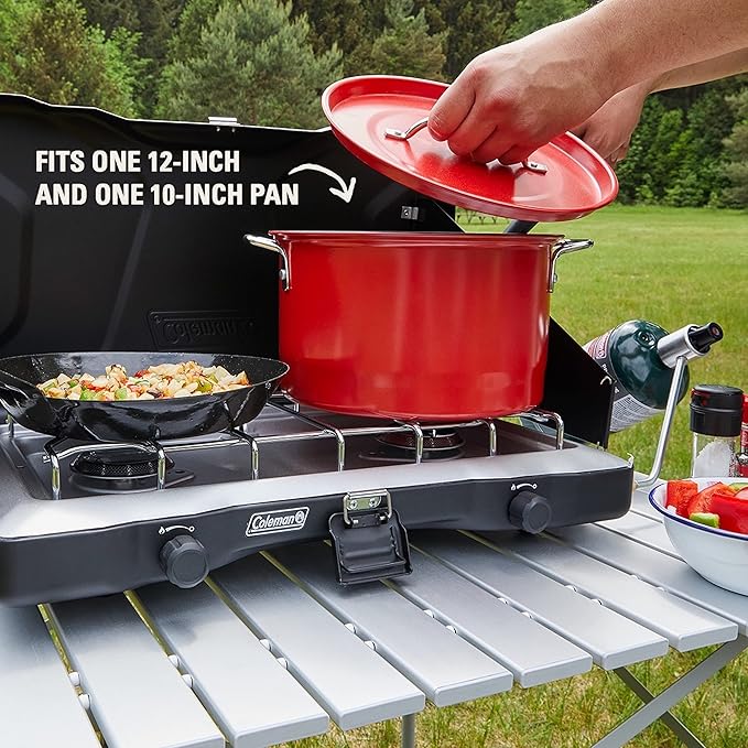 Coleman Triton+ 2-Burner Propane Camping Stove, Push-Button Instant Ignition, Portable Camp Grill, Adjustable Burners, Wind Guards, 22,000 Total BTUs of Power, Beach Cookouts, Backyard BBQ, Tailgating