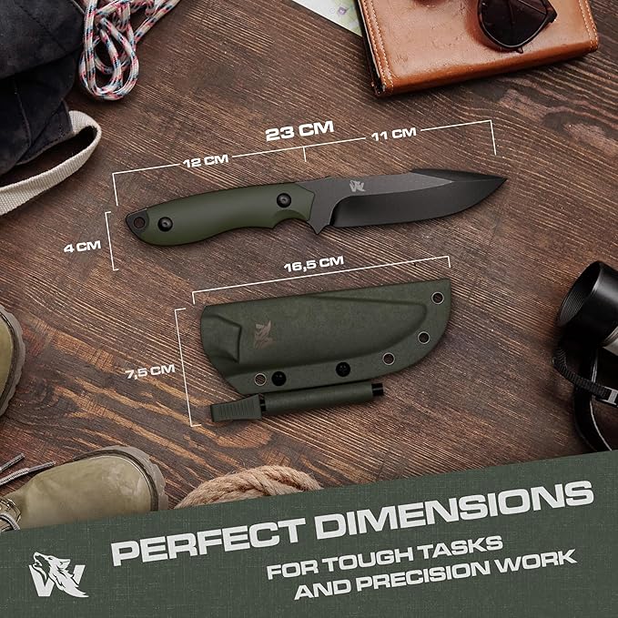 AMBULO Fixed Blade Survival Knife with Kydex Sheath and Fire Starter - Bushcraft Knife Full Tang - Made of strong D2 Steel - Hunting Knife with Belt Loop and G10 Handle - Full Tang Knife