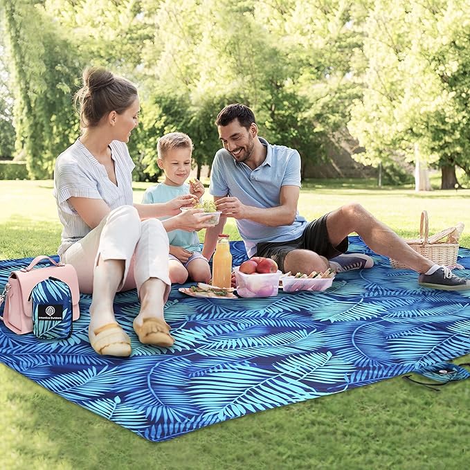 Lightweight Beach Blanket - Oversized 107" x 77" - Waterproof Sandproof - Double Anchored for Fun Leisure Beach Blanket - with Stake and Pouch - Durable Sand Beach Mat