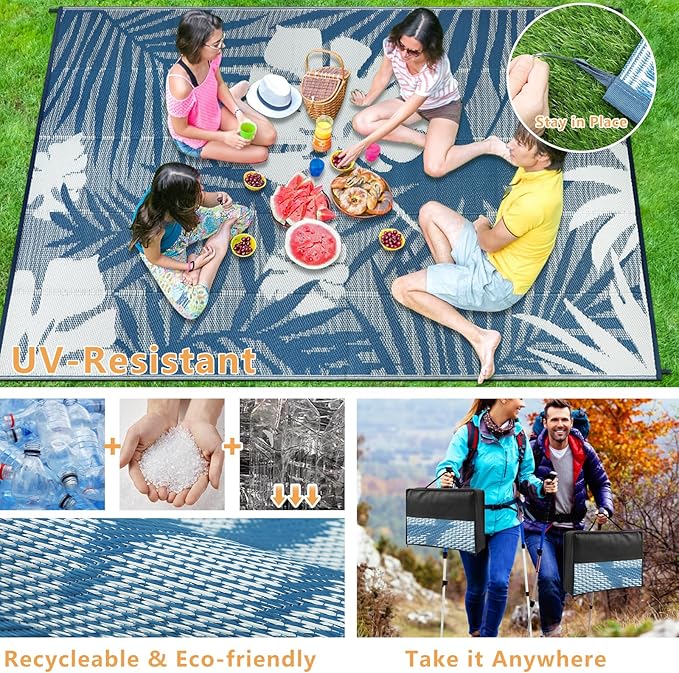 Homcomoda Outdoor Rugs 6’x9’ Waterproof Reversible Patio Rugs Outdoor Clearance Lightweight Outdoor Rugs Portable RV Camping Mats for Tents Deck Porch BBQ Beach Backyard