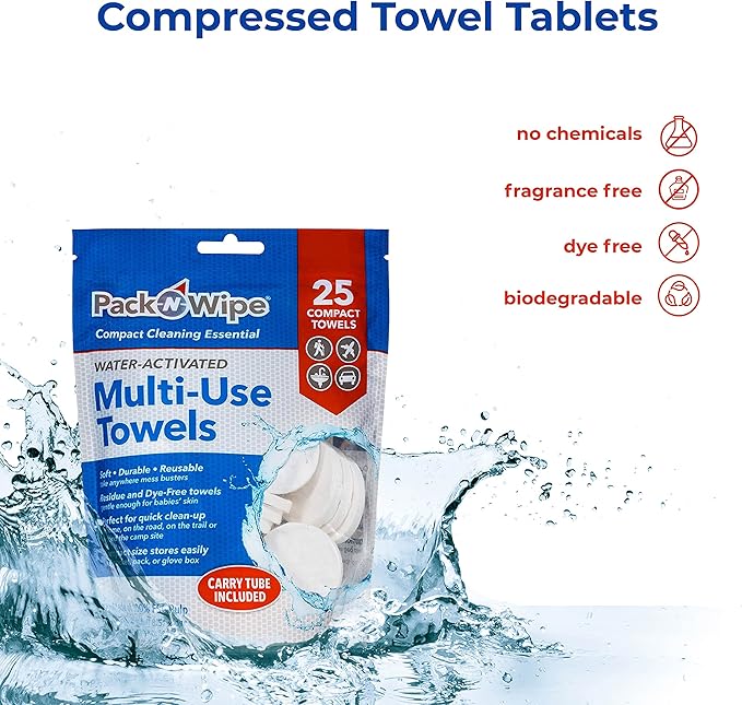 Disposable Compressed Towel Tablets - Absorbent, Durable & Reusable Paper Towels - Great Cleaning Cloths, Camping Towels and Soft, Eco-Friendly Baby Wipes - 8.5”x11” - (25 Towels & 1 Tube)