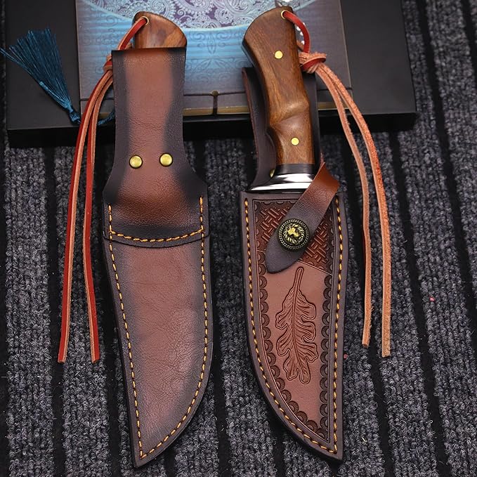 (USA 440C Steel Hunting Straight Knife + Sheath, 10.5 "Full Tang Fixed Blade, Yellow Pear Wood Handle, Outdoor, Camping and Survival, Men's, Women's cCamping Gift (WK01A)