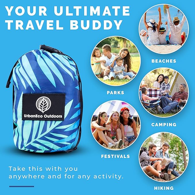 Lightweight Beach Blanket - Oversized 107" x 77" - Waterproof Sandproof - Double Anchored for Fun Leisure Beach Blanket - with Stake and Pouch - Durable Sand Beach Mat
