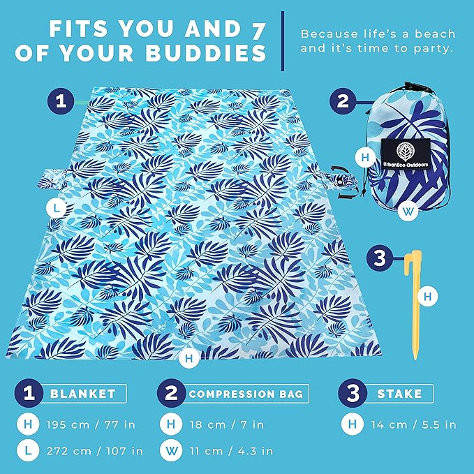 Lightweight Beach Blanket - Oversized 107" x 77" - Waterproof Sandproof - Double Anchored for Fun Leisure Beach Blanket - with Stake and Pouch - Durable Sand Beach Mat