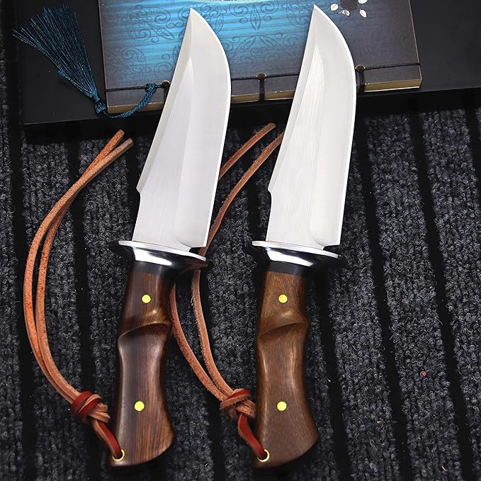 (USA 440C Steel Hunting Straight Knife + Sheath, 10.5 "Full Tang Fixed Blade, Yellow Pear Wood Handle, Outdoor, Camping and Survival, Men's, Women's cCamping Gift (WK01A)