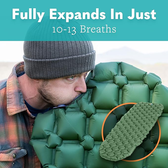 Sleeping Pad for Camping - Ultralight Sleeping Mat for Camping, Backpacking, Hiking - Lightweight, Inflatable Air Mattress - Compact Camping Mats for Sleeping- Green, 1pk