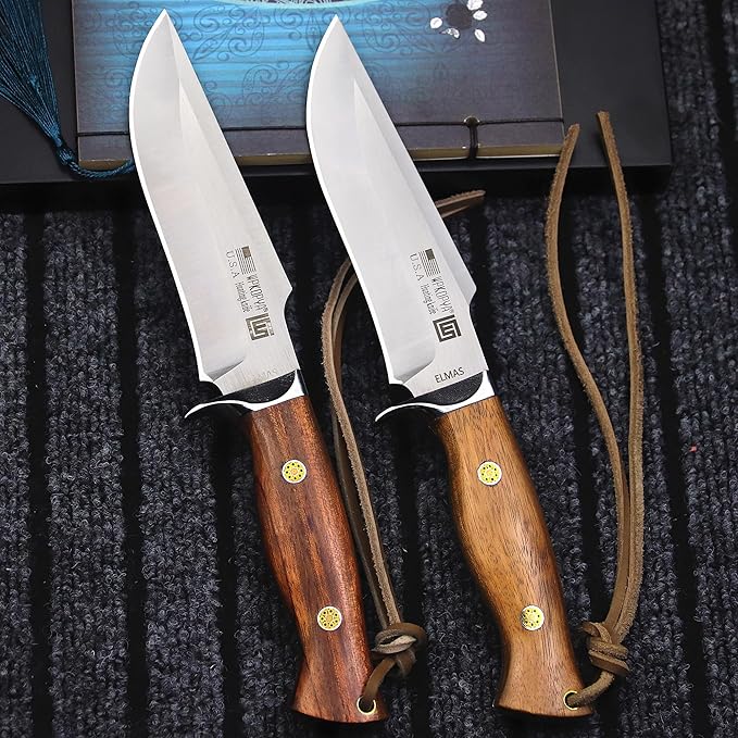 (USA 440C Steel Hunting Straight Knife + Sheath, 10.5 "Full Tang Fixed Blade, Yellow Pear Wood Handle, Outdoor, Camping and Survival, Men's, Women's cCamping Gift (WK01B)