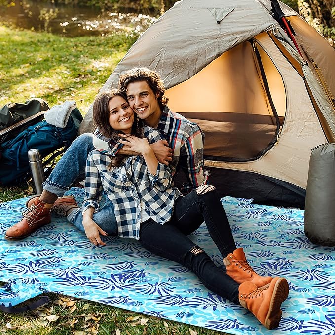 Lightweight Beach Blanket - Oversized 107" x 77" - Waterproof Sandproof - Double Anchored for Fun Leisure Beach Blanket - with Stake and Pouch - Durable Sand Beach Mat