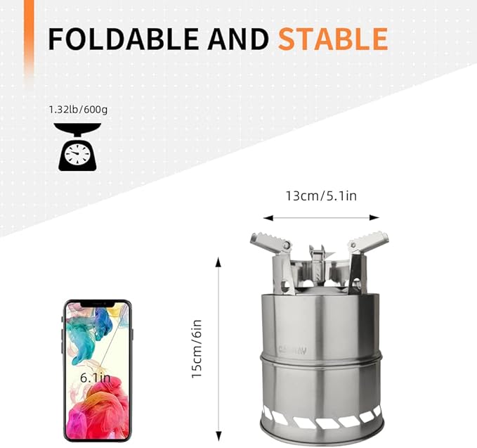 CANWAY Camping Stove, Wood Stove/Backpacking Survival Stove, Windproof Anti-Slip Portable Stainless Steel Wood Burning Stove with Nylon Carry Bag for Outdoor Backpacking Hiking Traveling Picnic BBQ