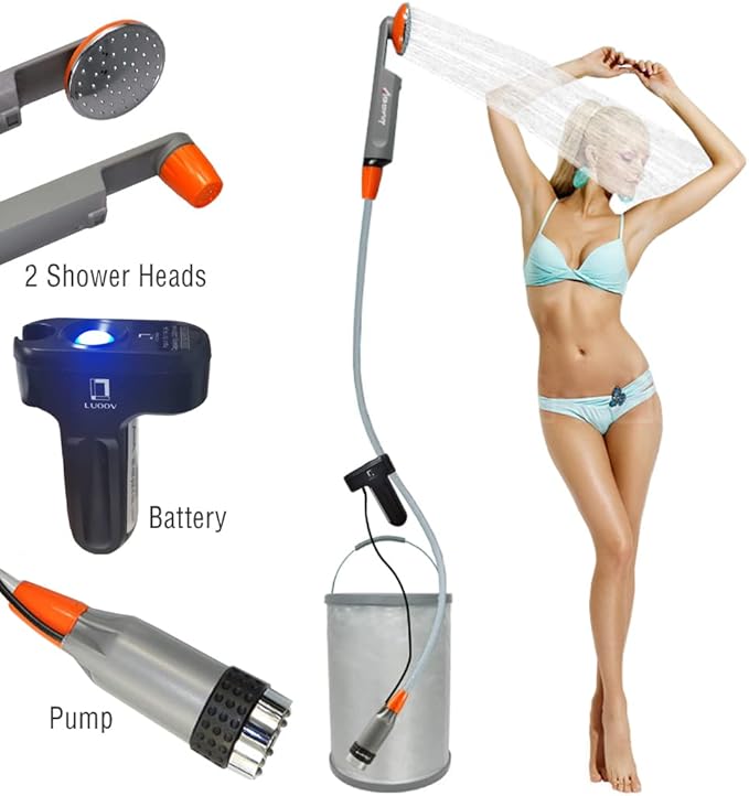 LUOOV [Upgraded] Portable Camping Shower,Compact Shower Pump with USB Rechargeable Battery, Handheld Outdoor Shower Head for Camping, Hiking, Traveling,w/3.7V Pump, 6-Ft Hose,Bidet Head