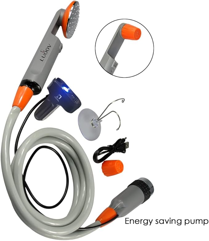 LUOOV [Upgraded] Portable Camping Shower,Compact Shower Pump with USB Rechargeable Battery, Handheld Outdoor Shower Head for Camping, Hiking, Traveling,w/3.7V Pump, 6-Ft Hose,Bidet Head