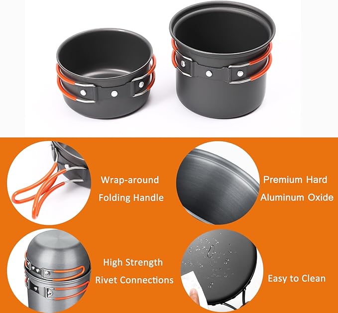 Camping Cookware Set Portable Backpacking Stove Kit, Mini Camp Stove with Non-Stick Lightweight Pots Pans and Stainless Steel Fork Knife Spoon for Outdoor Camping Hiking Cooking Gear