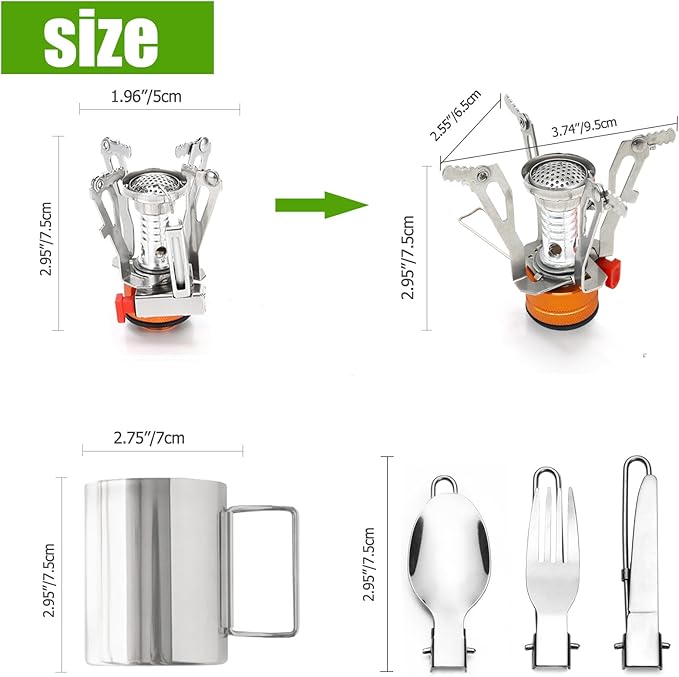 Camping Cookware Set Portable Backpacking Stove Kit, Mini Camp Stove with Non-Stick Lightweight Pots Pans and Stainless Steel Fork Knife Spoon for Outdoor Camping Hiking Cooking Gear