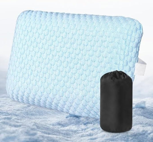 HOMBYS Cooling Camping Pillow Lightweight, Memory Foam Travel Pillow with Easy to Carry Portable Bag, Strap Designed for Secure, Suitable for Beach, Camp,Travel, Hammock, Light Blue