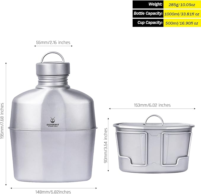 Camping Canteen Titanium Military Canteen Mess Kit Ultralight Camping Mug with Carry Pouch & Cup Foldable Handle -Bottle 1000ml, Cup 600ml