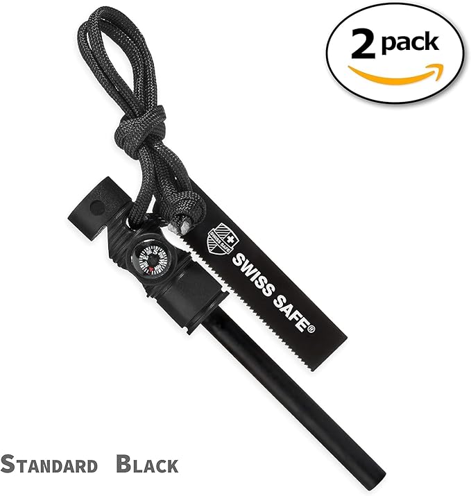 Swiss Safe 5-in-1 Fire Starter with Compass, Paracord and Whistle (2-Pack) for Emergency Survival Kits, Camping, Hiking, All-Weather Magnesium Ferro Rod