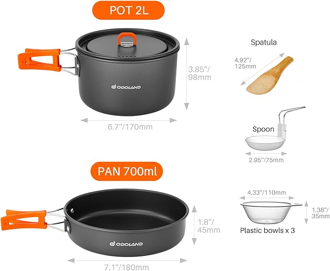 Odoland 9pcs Camping Cookware Non-Stick Lightweight Camping Pots and Pans Set with Plastic Bowls Soup Spoon for Camping, Backpacking, Outdoor Cooking and Picnic