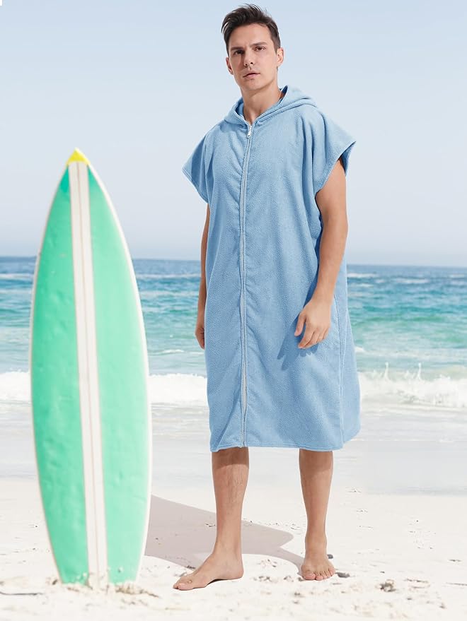 Surf Poncho Hooded Changing Towel Swim Robe with Zipper Plus Size Terry Cloth Swim Cover Up for Adults Men Women Towel Poncho Hoodie Surfing Accessories