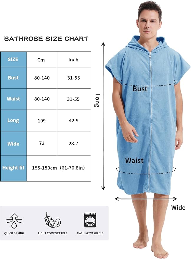 Surf Poncho Hooded Changing Towel Swim Robe with Zipper Plus Size Terry Cloth Swim Cover Up for Adults Men Women Towel Poncho Hoodie Surfing Accessories