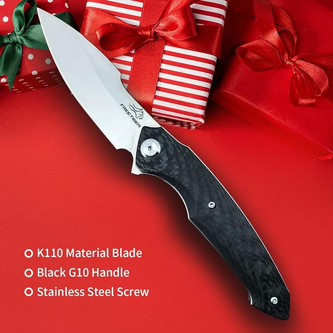 Folding Pocket Knife with Clip, Carbon Fiber Handle, 3.54'' K110 Steel Blade, Flipper Camping Folding Knives, Sharp EDC Knife for Men Survival Hiking