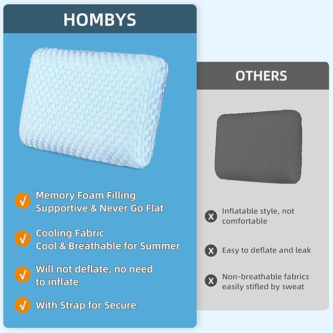 HOMBYS Cooling Camping Pillow Lightweight, Memory Foam Travel Pillow with Easy to Carry Portable Bag, Strap Designed for Secure, Suitable for Beach, Camp,Travel, Hammock, Light Blue