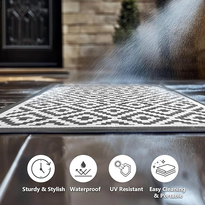 Outdoor Rug 8x10 Patio Waterproof, Plastic Straw Outdoor Carpet - UV Resistant Reversible Indoor Outdoor Rugs for Porch, Camping, Poolside, RV, Balcony, Easy to Clean, Black and White