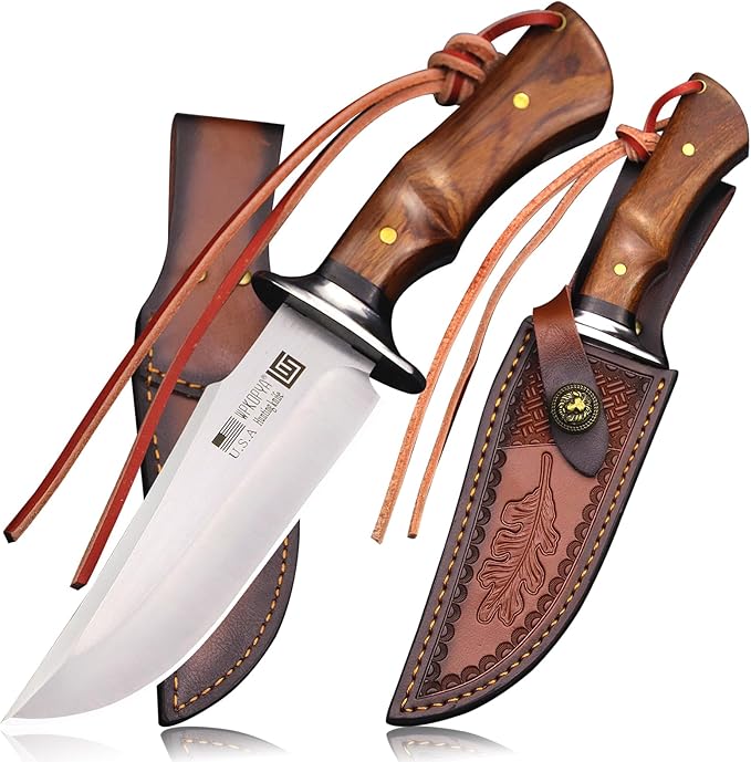 (USA 440C Steel Hunting Straight Knife + Sheath, 10.5 "Full Tang Fixed Blade, Yellow Pear Wood Handle, Outdoor, Camping and Survival, Men's, Women's cCamping Gift (WK01A)