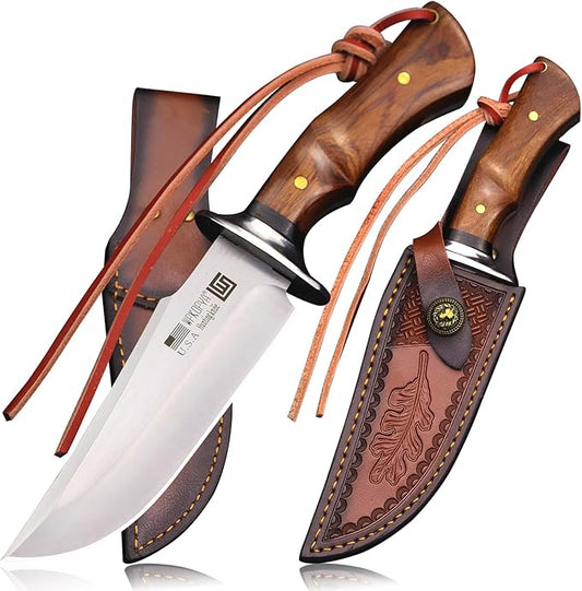 (USA 440C Steel Hunting Straight Knife + Sheath, 10.5 "Full Tang Fixed Blade, Yellow Pear Wood Handle, Outdoor, Camping and Survival, Men's, Women's cCamping Gift (WK01A)
