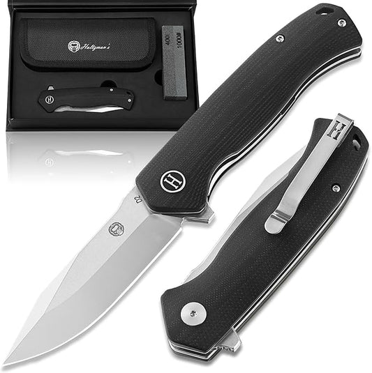 Holtzman's Gorilla Survival Folding Knife D2 Steel Blade G10 Handle Pocket Knife EDC Giftset for Men and Women (half stonewashed half silver blade + black handle)