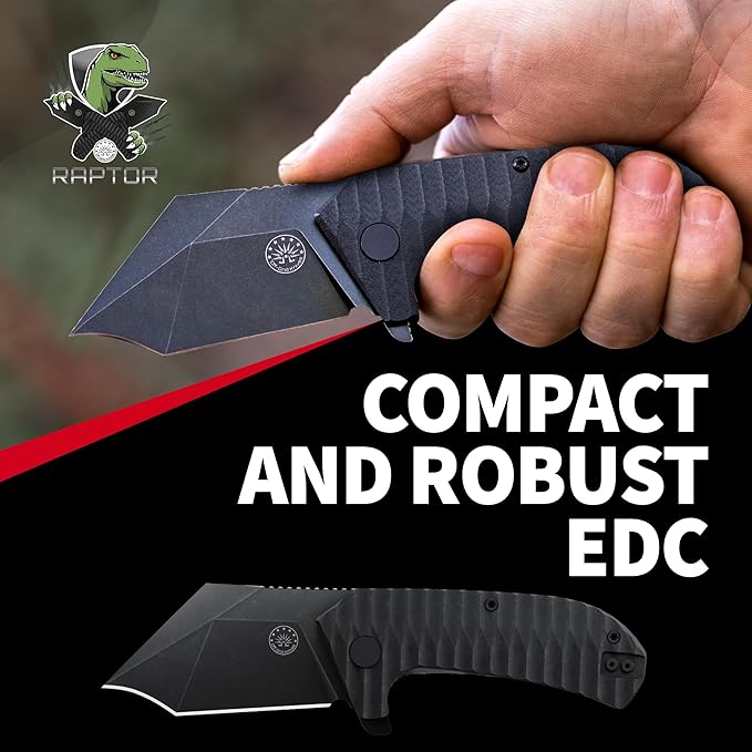 Off-Grid Knives - Raptor EDC Folding Knife with Tumbled Black D2 Steel, Grippy G10, Bearings, Deep Carry Left & Right, Hawkbill Tip, Stout Everyday Carry