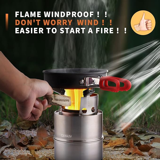 CANWAY Camping Stove, Wood Stove/Backpacking Survival Stove, Windproof Anti-Slip Portable Stainless Steel Wood Burning Stove with Nylon Carry Bag for Outdoor Backpacking Hiking Traveling Picnic BBQ