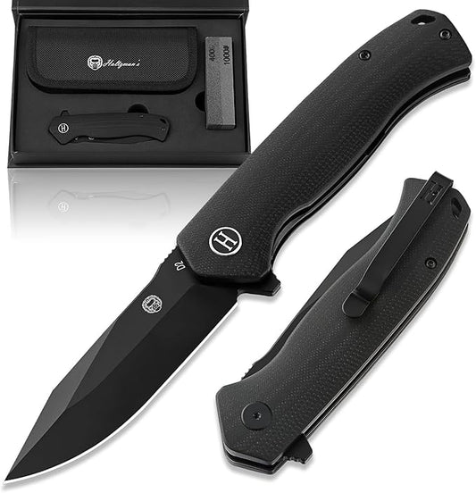 Holtzman's Gorilla Survival Folding Knife D2 Steel Blade G10 Handle Pocket Knife EDC Giftset for Men and Women (black blade + black handle)