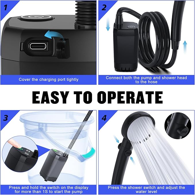 Portable Shower for Camping, [Long-Lasting] Spopal 6000mAh Rechargeable Camping Shower with Intelligent LED Display, 4 Spray Modes, IPX7 Waterproof Outdoor Shower Kit for Hiking, Travel, Car, Pet