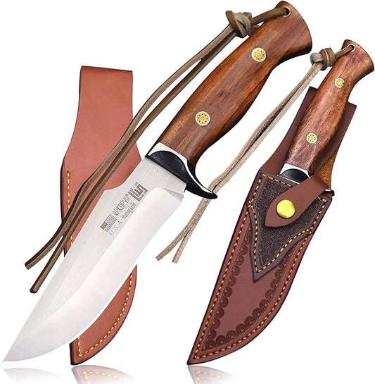 (USA 440C Steel Hunting Straight Knife + Sheath, 10.5 "Full Tang Fixed Blade, Yellow Pear Wood Handle, Outdoor, Camping and Survival, Men's, Women's cCamping Gift (WK01B)
