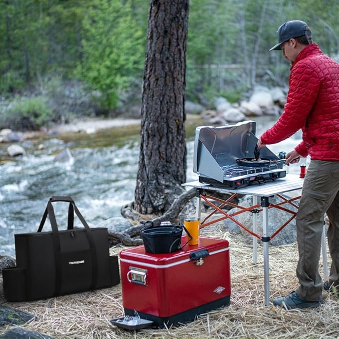 Camp Stove Carry Bag, Camping Stove Carrying Case for Coleman 2-Burner, 1680D Stove Storage bag, with Double Zipper, 2 Adjustful Side Pockets, Fits Grills/Stoves up to 23.6 x 14.5 x 5.5Inches