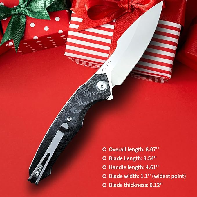 Folding Pocket Knife with Clip, Carbon Fiber Handle, 3.54'' K110 Steel Blade, Flipper Camping Folding Knives, Sharp EDC Knife for Men Survival Hiking