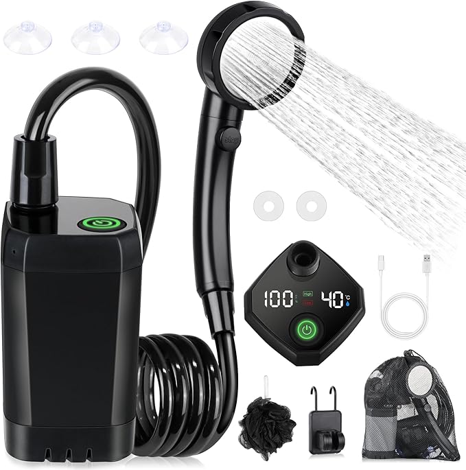 Portable Shower for Camping, [Long-Lasting] Spopal 6000mAh Rechargeable Camping Shower with Intelligent LED Display, 4 Spray Modes, IPX7 Waterproof Outdoor Shower Kit for Hiking, Travel, Car, Pet