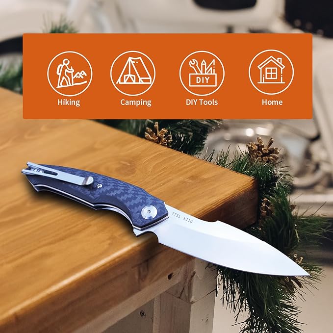 Folding Pocket Knife with Clip, Carbon Fiber Handle, 3.54'' K110 Steel Blade, Flipper Camping Folding Knives, Sharp EDC Knife for Men Survival Hiking