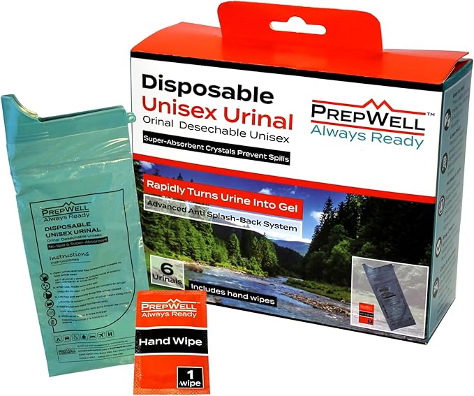 Prepwell Disposable Unisex Urinal Bags- Immediately Turns Urine into Gel with Super Absorbent Crystals to Prevent Spills- 6 Urinals with Hand Wipes Included