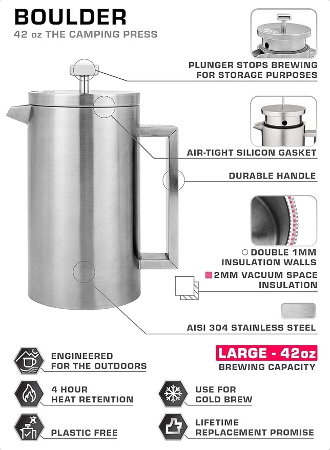 COLETTI Boulder Camping French Press (An American Press) - Large Insulated French Press Coffee Maker – 42 oz