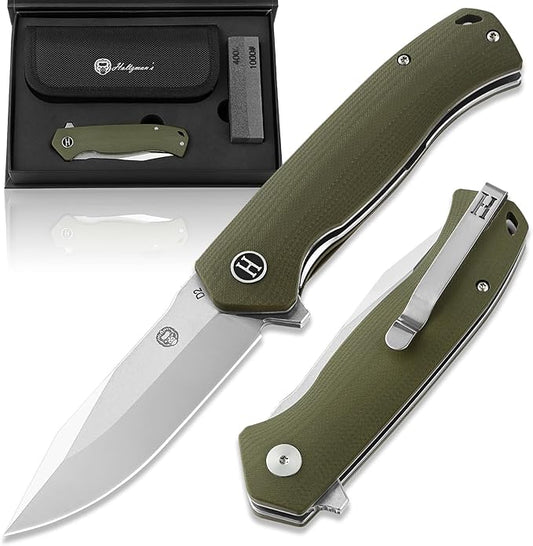 Holtzman's Gorilla Survival Folding Knife D2 Steel Blade G10 Handle Pocket Knife EDC Giftset for Men and Women (half stonewashed half silver blade + green handle (LM042))