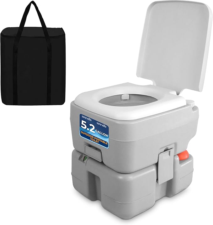 SereneLife Portable Toilet with Carry Bag – Indoor Outdoor Toilet with CHH Piston Pump & Level Indicator – 5.3 Gallon Large Waste Tank – 100-120 Flushes for RV, Camping, Hiking & Boating, SLCATL320
