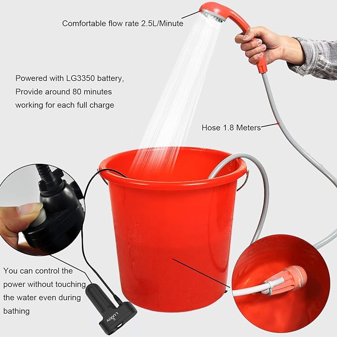 Portable Camping Shower,w/3.7V Pump Rechargeable Battery, Handheld Outdoor Shower Head for Camping,Hiking,Traveling Use Portable Shower