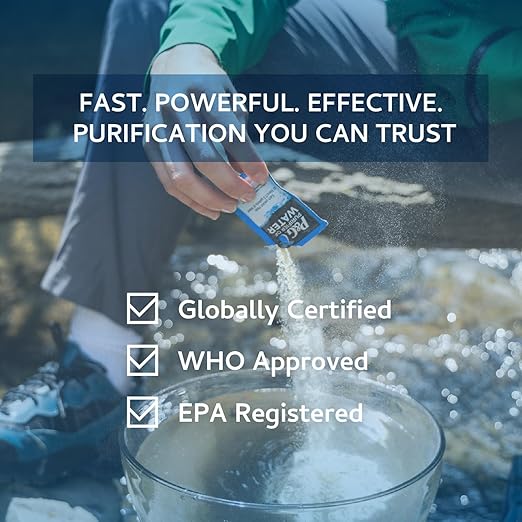 P&G Purifier of Water Portable Water Purifier Packets (Box of 240 Packets). Emergency Water Filter Purification Powder Packs for Camping, Hiking, Backpacking, Hunting, and Traveling.