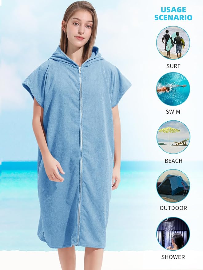 Surf Poncho Hooded Changing Towel Swim Robe with Zipper Plus Size Terry Cloth Swim Cover Up for Adults Men Women Towel Poncho Hoodie Surfing Accessories