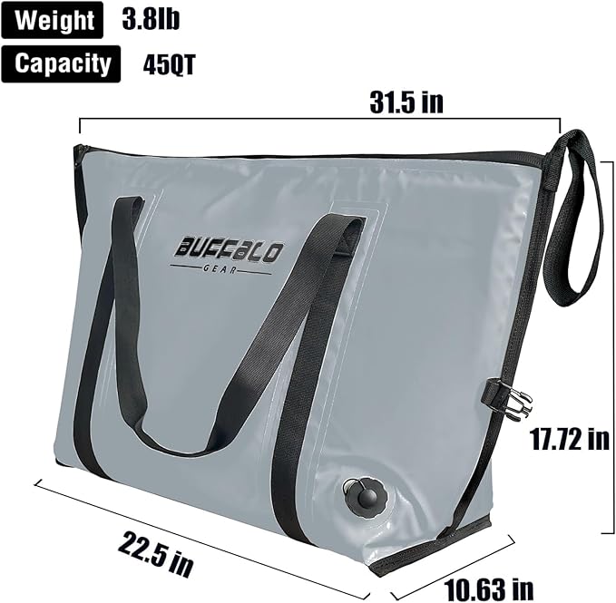 Buffalo Gear Insulated Fish Cooler - 27.5QT 58QT Waterproof Flat Bottom Bag, Leakproof and Fishing Kill Bag